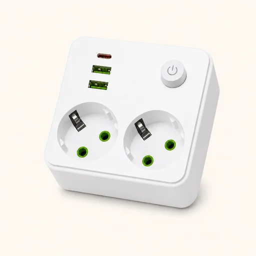 Beli USB-C razdelnik sa dve utičnice i USB portovima